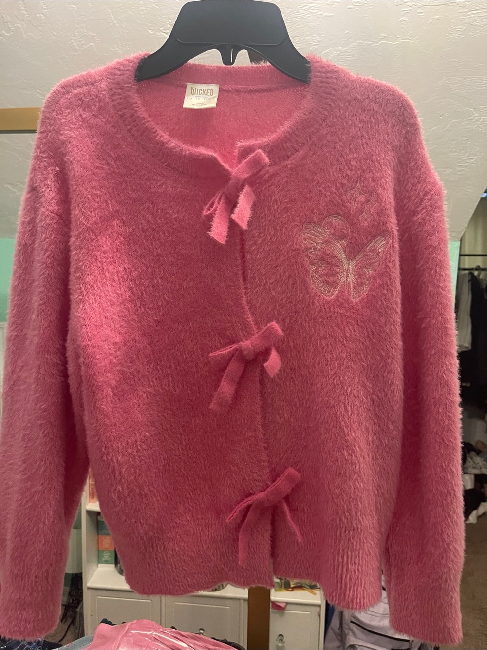 Girls' Fuzzy Bow-Front Sweater with Butterfly Detail - Pink
